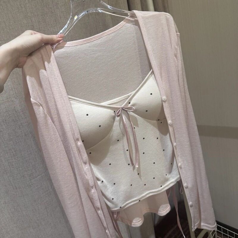 Sweet Style Polka Dot Bowknot Camisole with Unique Design, Niche Cardigan Two-Piece Set for Women, Slimming Sun-Protective Top for Summer