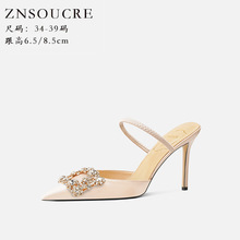 708-97尖头水钻细高跟羊皮女凉鞋半拖鞋后空凉鞋女鞋宴会女伴跟鞋