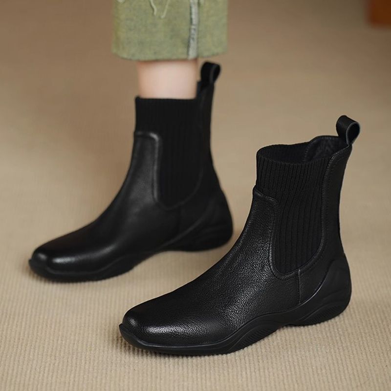 Soft-Soled Genuine Soft Leather Short Boots for Women, Autumn and Winter Small Nude Boots, Boots, Elastic Socks Boots, Slim Boots, Chelsea Boots for Men