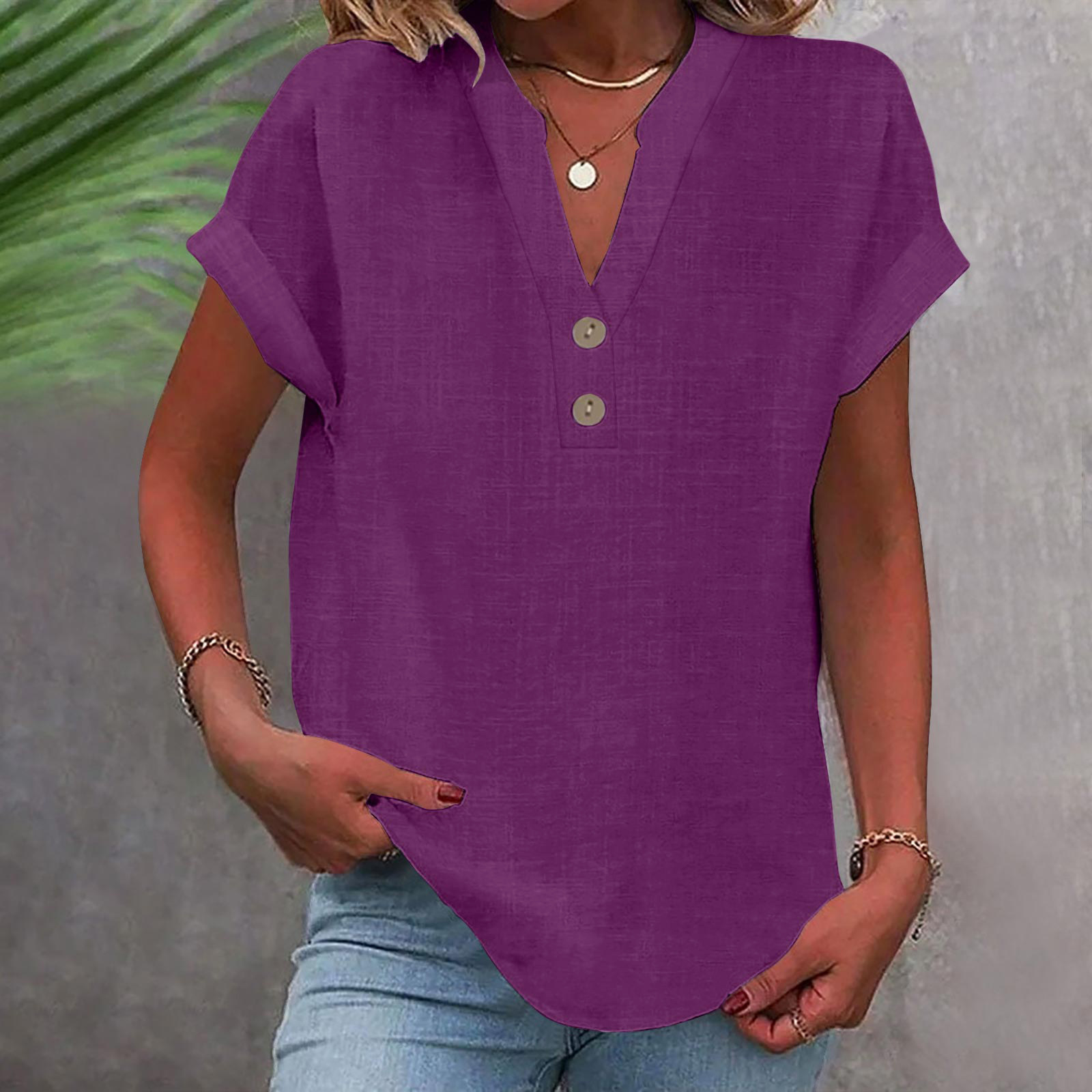 2025 European And American Summer Solid Color Stand Collar Button Short Sleeve Women's Shirt_ecoleips.com