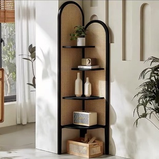 Solid Wood Corner Cabinet Living Room Retro Sofa Wall Rattan Storage Shelf Medieval Bedroom Corner Triangle Cabinet Storage Rack