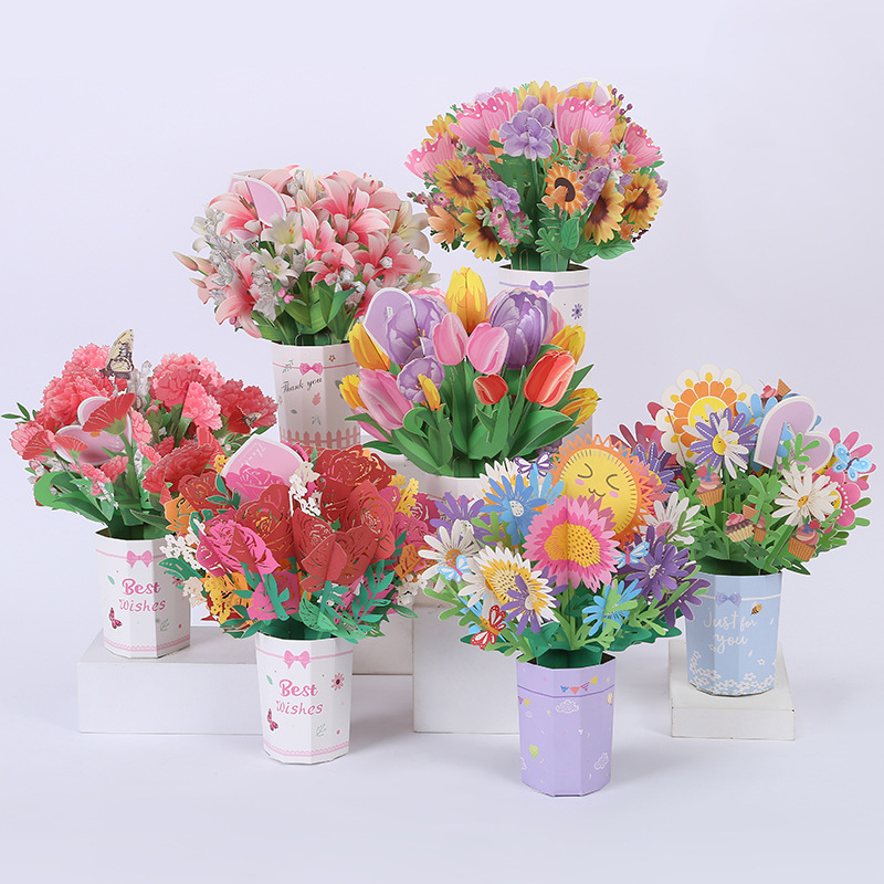 教師節創意3D手工立體賀卡紙雕花朵手捧花束賀卡感謝祝福賀卡批發