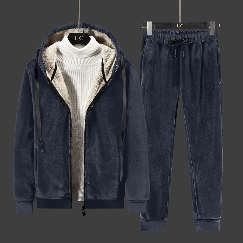 Winter sports suit men's silver fox velvet new fleece-lined plus size suit men's lambswool sweater casual two-piece suit fashion