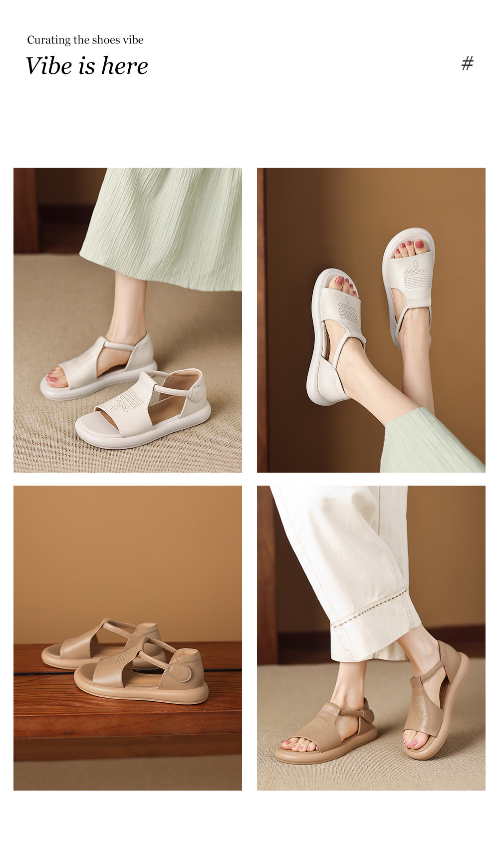 Sandal nữ đế dày hở mũi da bò thêu hoa — màu trắng ngà chi tiết 1