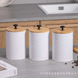 跨境桌面简约竹盖密封罐咖啡豆茶叶糖豆粮收纳厨房花纹金属储存罐