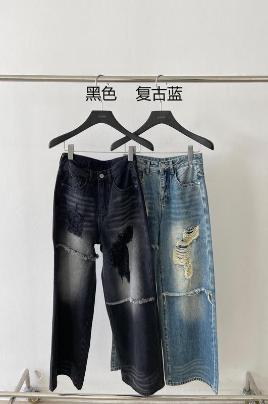 潮流美式复古高腰不规则假两件破洞牛仔拖地裤牛仔阔腿裤 G-1831|undefined