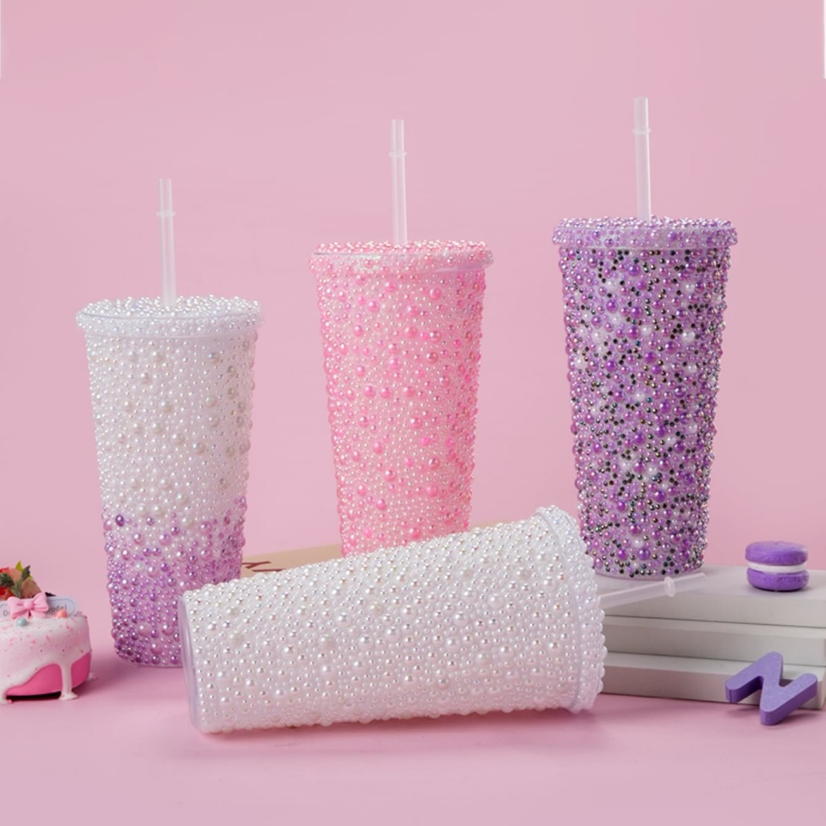 Taza de agua fría de gran capacidad de perlas de diamante doble copas de agua de café ps taza de agua de paja de diamante para mujeres