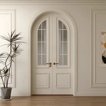 法式中古风烤漆实木轻奢圆弧拱形门隔音网红奶油白色复古双开门