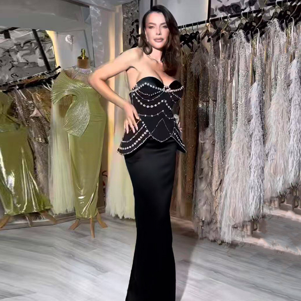 New Fashionable Sexy Evening Dress Hot Girl Slim Fit Rhinestone Strapless Bandage Dress Cross-Border Autumn European and American Style