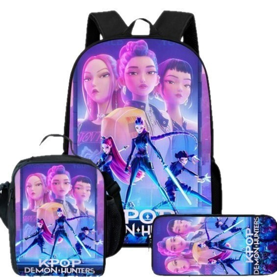 新品卡通印花猎魔女团学生书包K-POP双肩背包轻便休闲旅行三件套|undefined