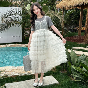 T-Shirt Cake Skirt Suit Live Broadcast Popular Girls 2025 Summer New Lace Collar Long t Mesh Suspender Dress
