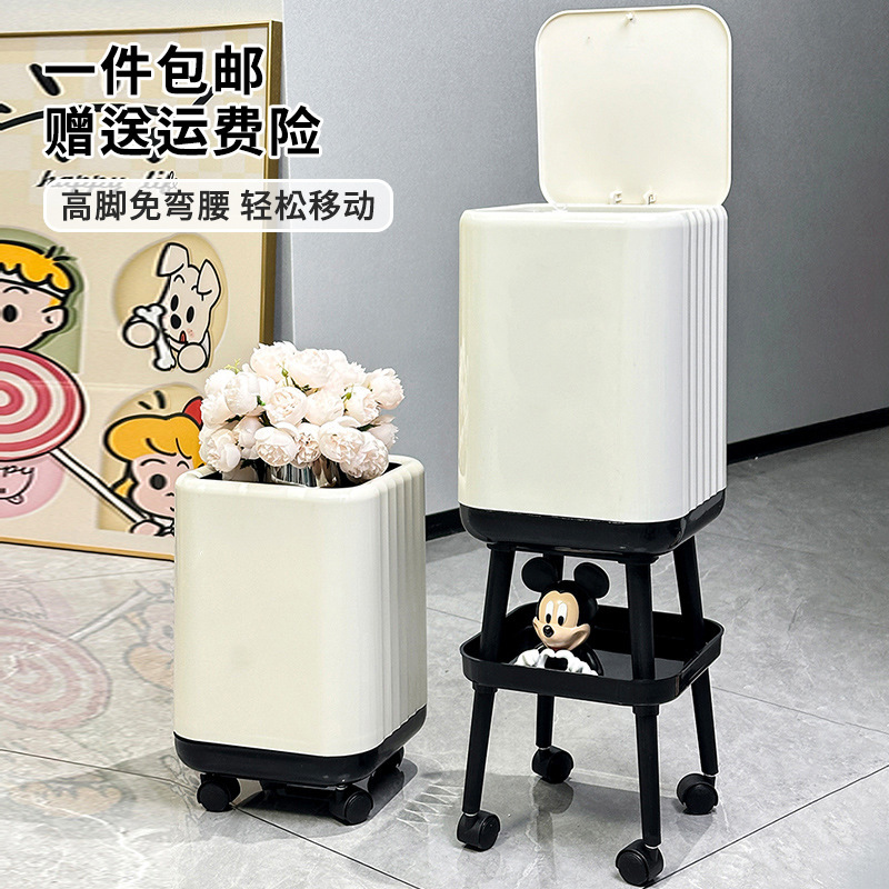 蓋付き背の高いゴミ箱、軽い高級感と高級感、腰をかがめない、家庭用リビングルームキッチン、キャスター付きプッシュオープン蓋ゴミ箱|undefined