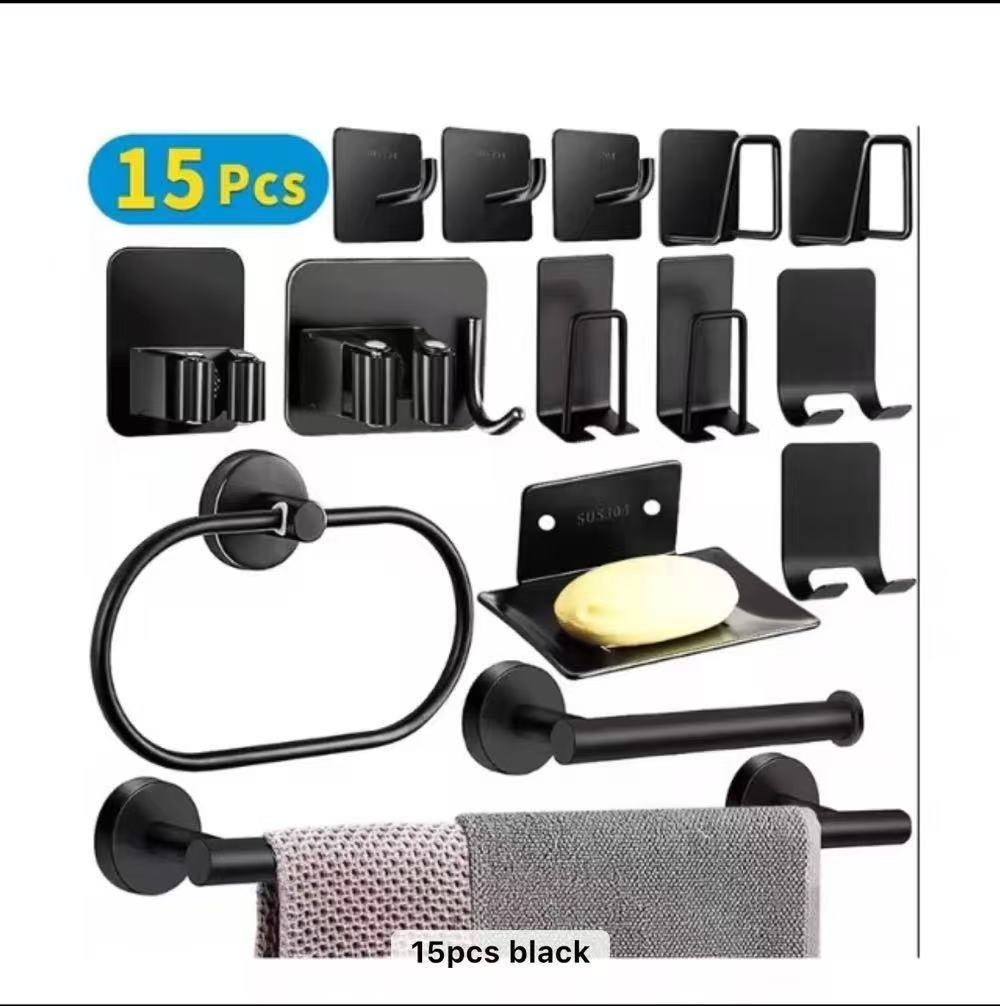 Cross-border 304 barra de toalla de acero inoxidable conjunto negro sin perforación de baño accesorios de baño gancho de toallas de baño