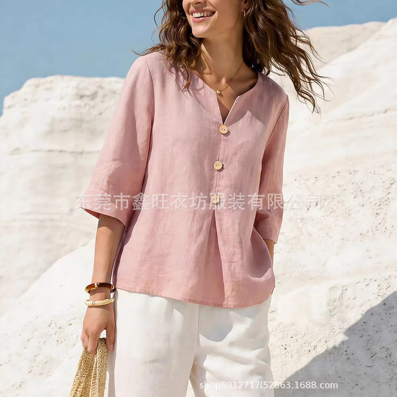 2026 Summer European and American Cross-Border Amazon Independent Site New Solid Color Casual Cotton and Linen Women's Clothing V-Neck Button-Down Shirt