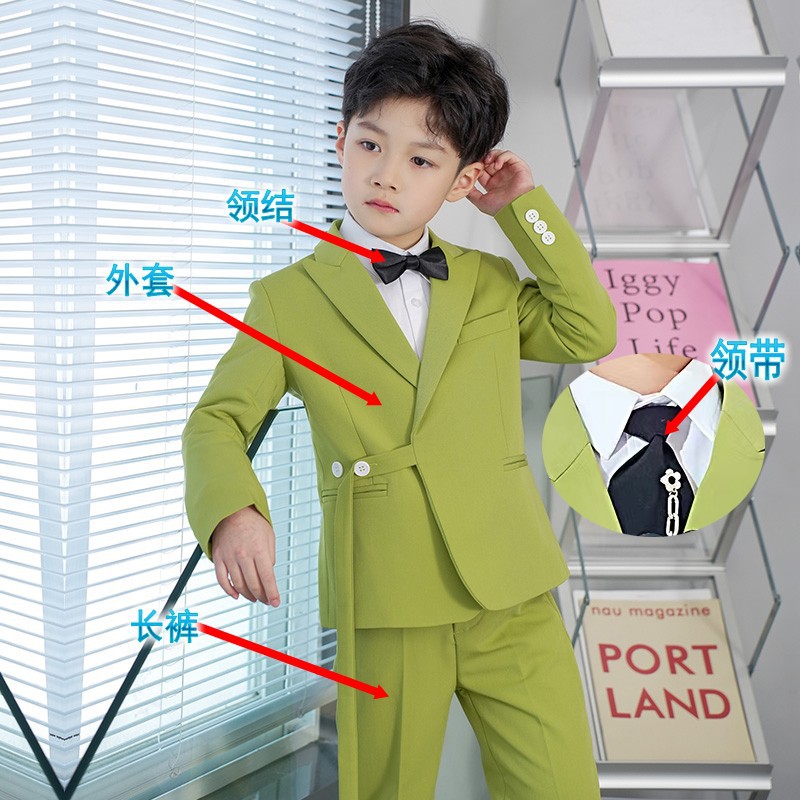Green jacket + trousers + black bow tie + black tie