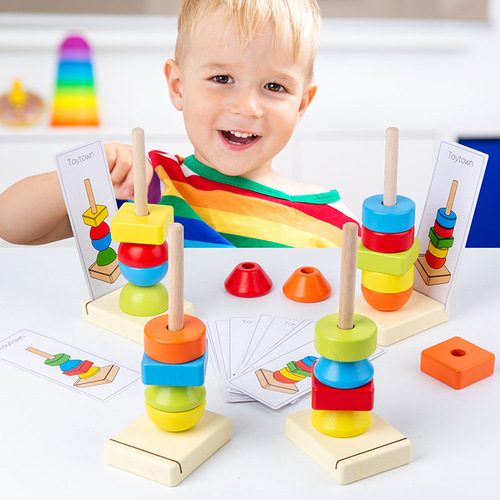 Creative wooden children's early education intelligence shape matching column building blocks thinking logic stacking shape tower toys