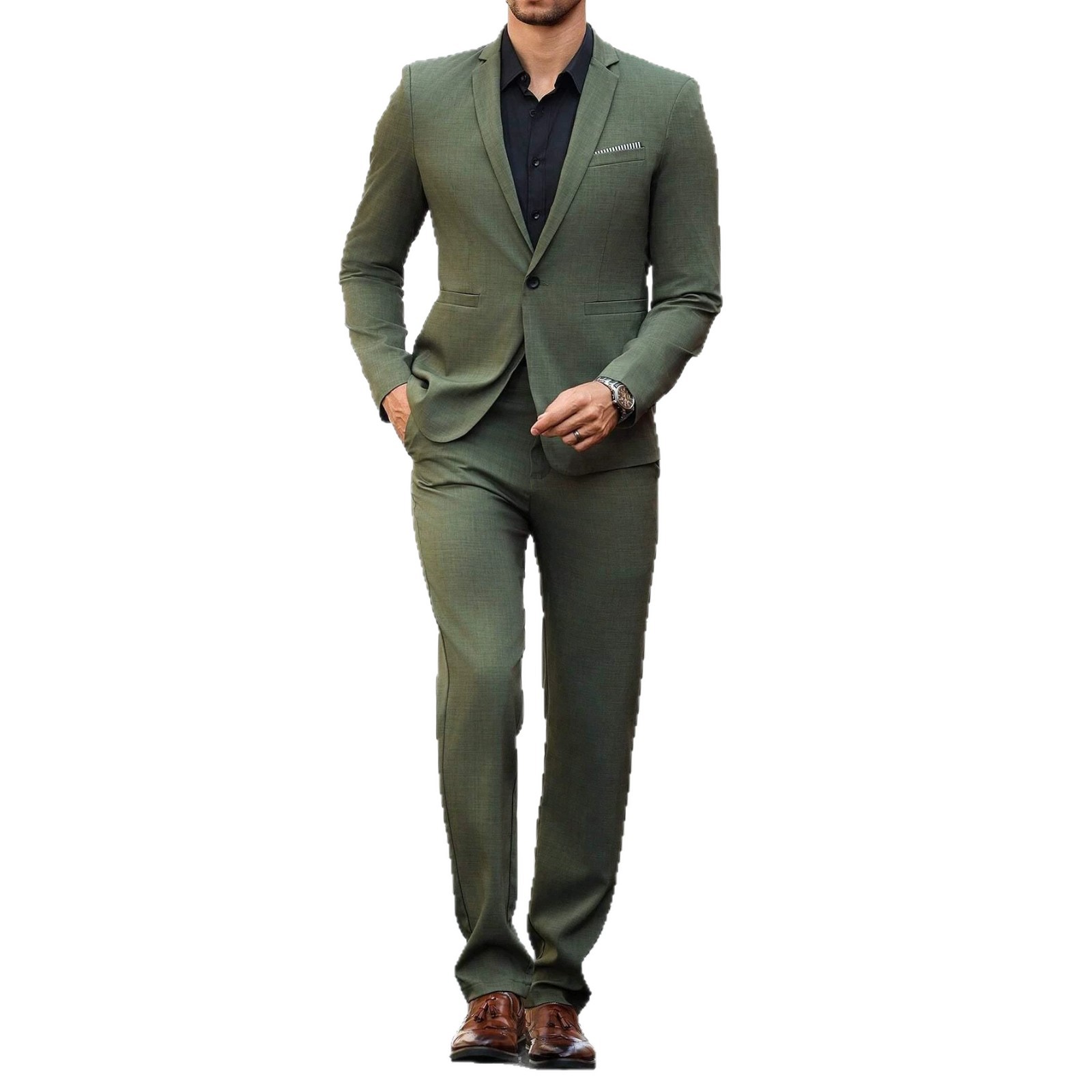 Men's Light Business Suit Set Dark Green Gentleman's Solid Color Style Fashion_voghion.com