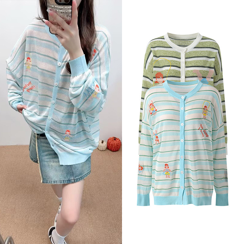 2026 Summer New Casual Style Cartoon Pattern Cross-Stitch Striped Loose Versatile Knit Cardigan Top 2026 Summer New Casual Style Cartoon Pattern Cross-Stitch Striped Loose Versatile Knit Cardigan Top