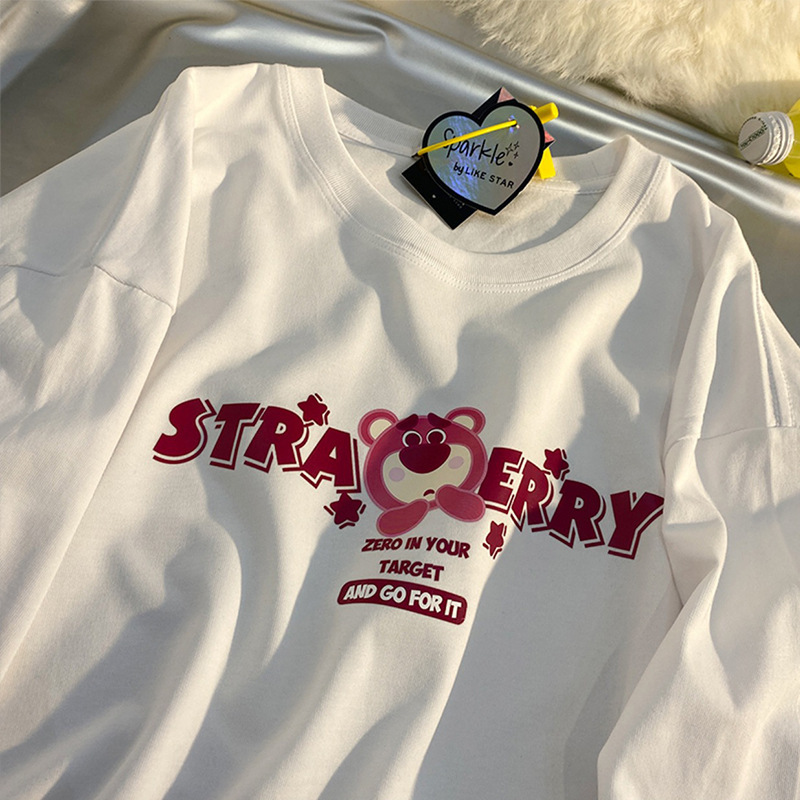 草莓熊t恤短袖女士小众设计感ins夏季别致上衣服黑色显瘦宽松半袖