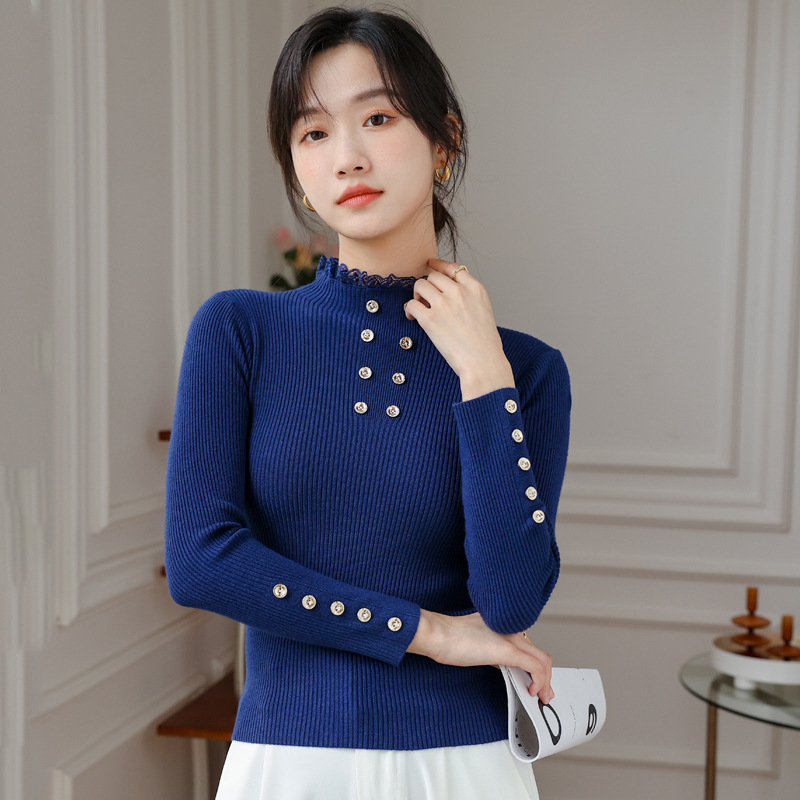 Half-High Collar Lace Trim Knit Pullover Long-Sleeve Top Slim-Fit Sweater for Women with Tie Design