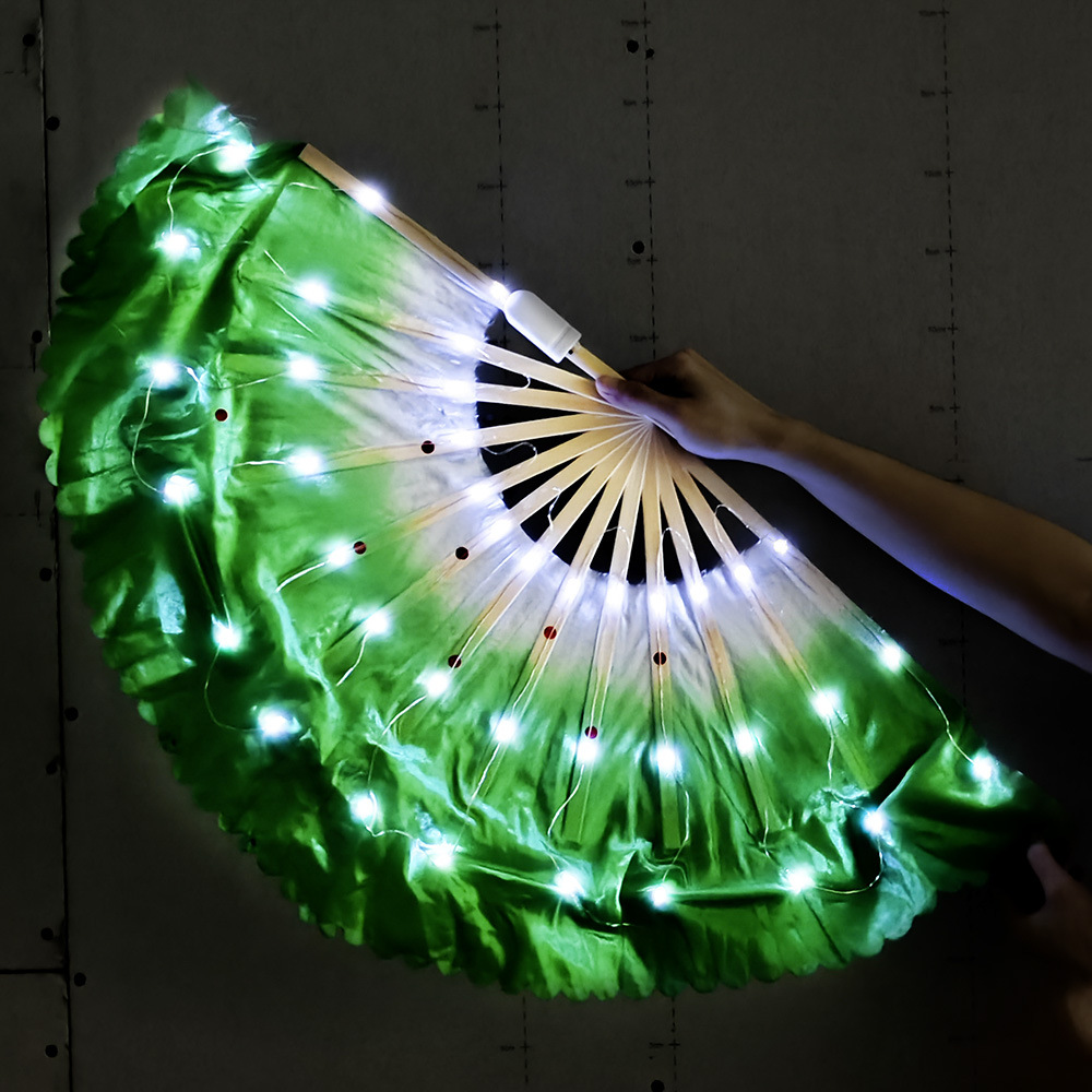 Ventilador de danza luminoso LED tricolor gradiente de seda larga doble cara props de espectáculo de escenario de danza china ventilador luminoso de seda larga