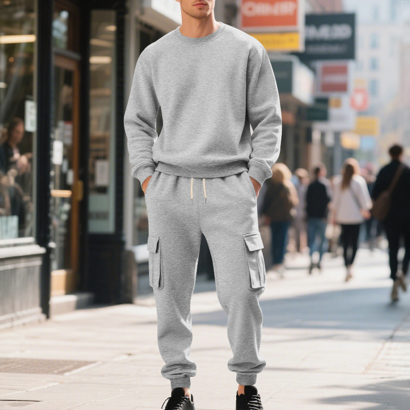 Europe, America, Autumn And Winter Heavy Velvet Men's Loose Casual Sports Tooling Round Neck Solid Color Sweater Trousers Set_viptrois.com