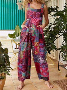 N 85981 Ethnic Patchwork Print Button Jumpsuit �����L�B�wѝ