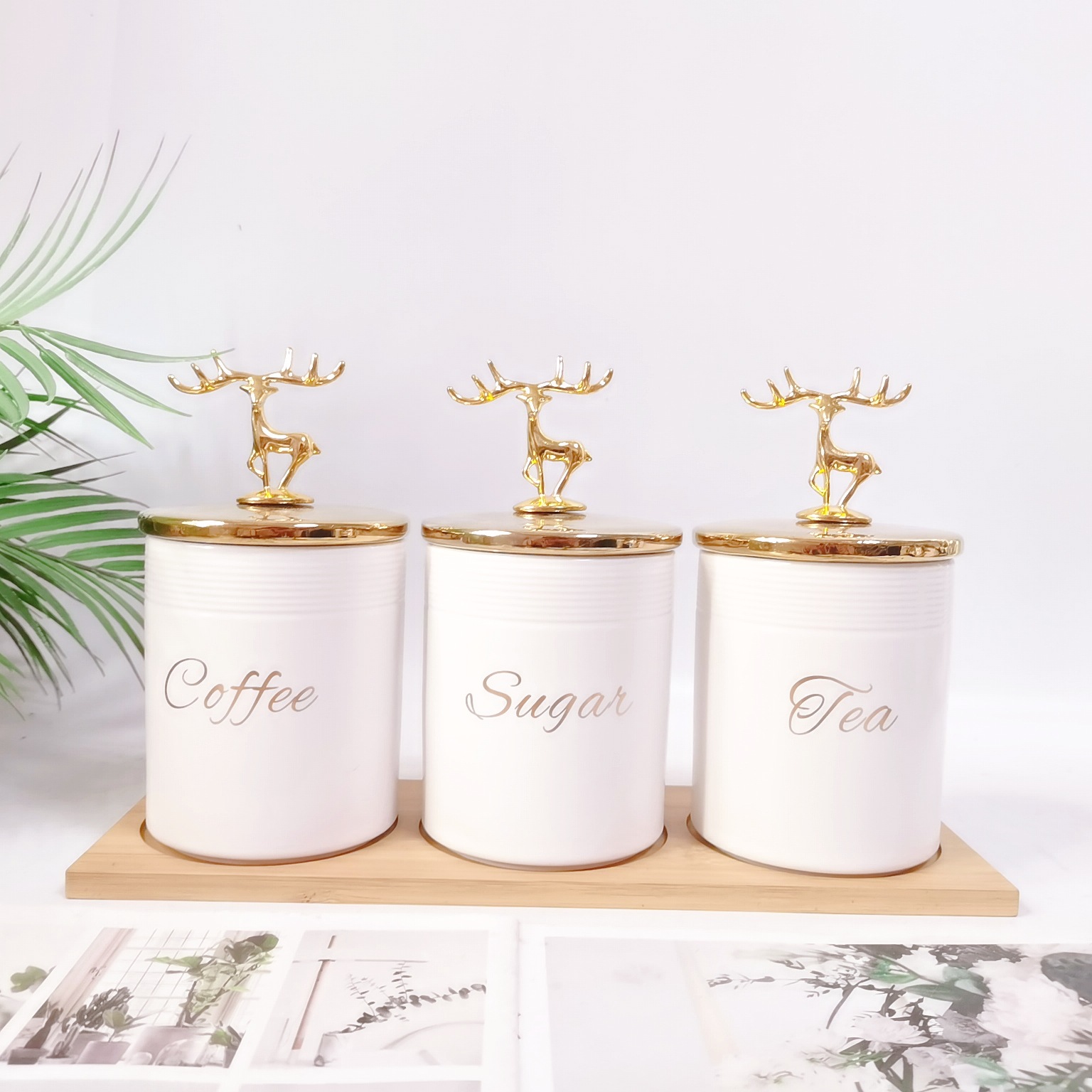 Comercio exterior transfronterizo Oriente Medio Exportar tarro sellado de cerámica con tapa de madera tarro de almacenamiento condimento de cocina tarro de té de café tarro