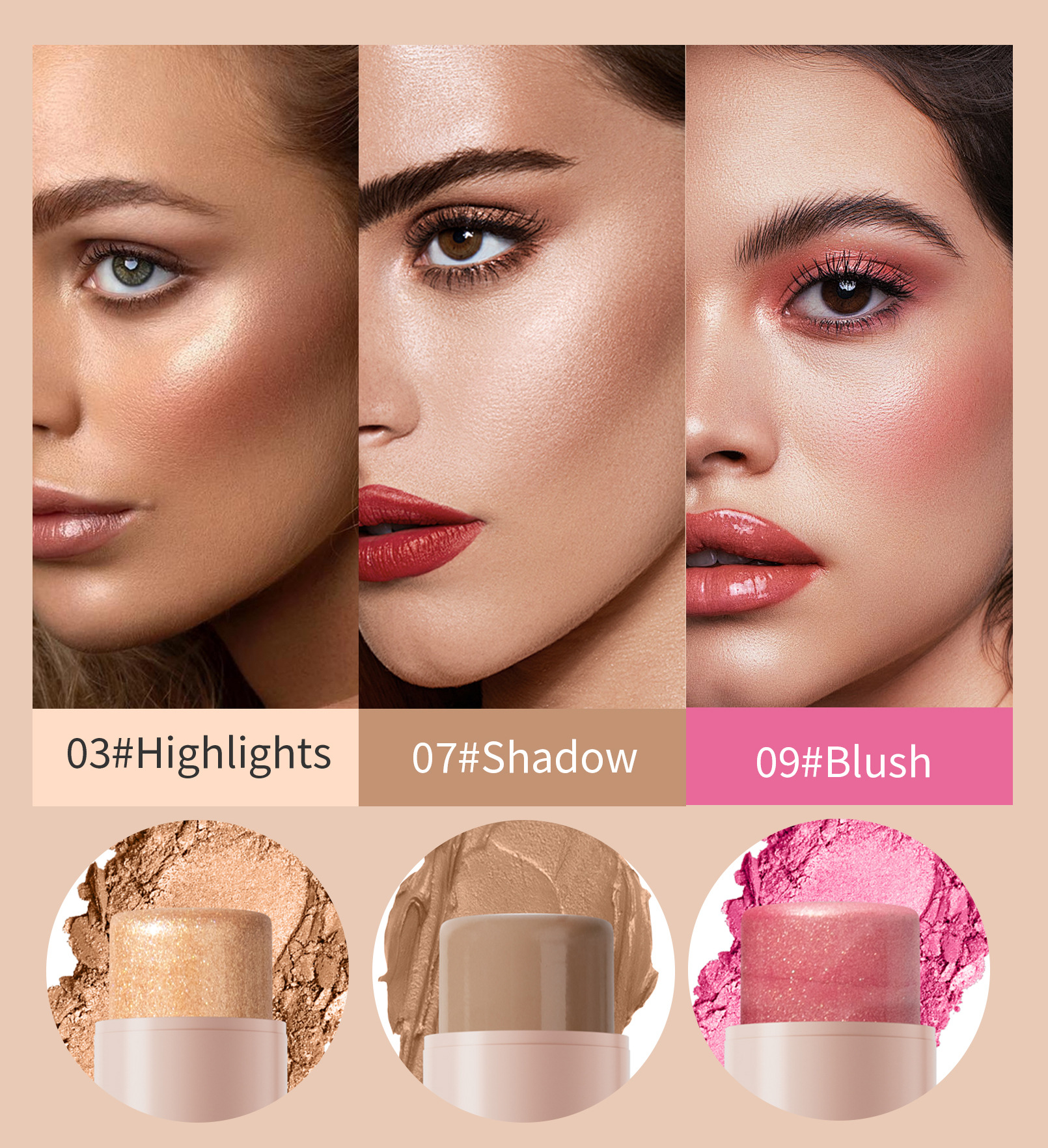 Hellokiss Multi-color Highlighter Blush Makeup Stick Bronzer Three-dimensional Natural Brightening Multi-functional Contouring stick undefined