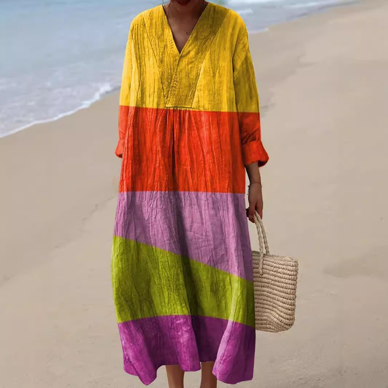 Cross-Border Independent Station Amazon Long-Sleeved Shirt Dress Women's Casual Floral 3D Printed Sleeve Long Skirt E023