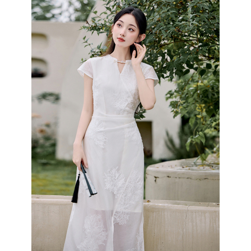 新しい中国風のレトロな中華民国スタイルの若い女の子の気質美しい白いチャイナドレス改良されたドレス夏の日常|undefined