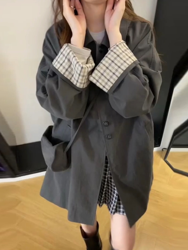 韩系工装中长款风衣外套女2025秋季新款宽松翻领时尚大衣百搭上衣|undefined