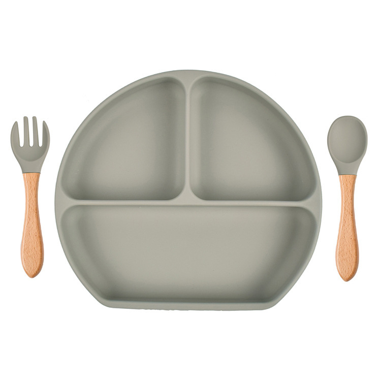 スポット分格子供食器ベビー吸盤シリコンボウル赤ちゃんスプーンストロー一体式シリコン皿|undefined