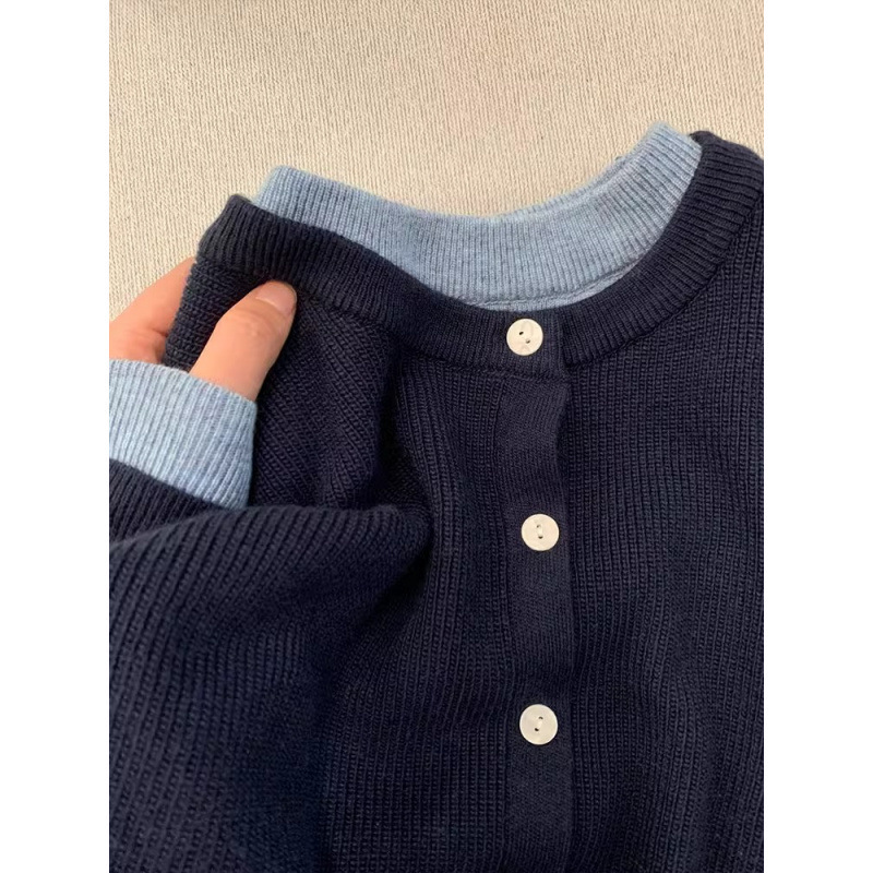 2025 New Style Navy Blue Knitwear Jacket for Women in Autumn and Winter, Lazy, Loose and Versatile Fake Two-Piece Knitwear