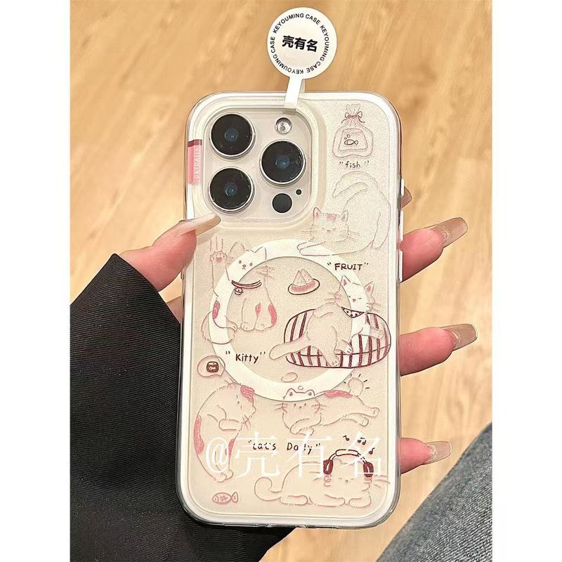 可爱手绘线条猫磁吸摇摇乐支架适用苹果16手机壳iPhone15/14/13壳|undefined