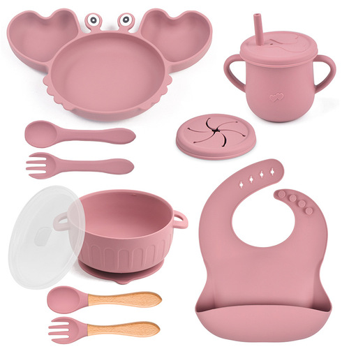 10-Piece Children's Crab Pattern Dinnerware Set with Silicone Tableware, Baby Silicone Feeding Bowl, Pouch Cup, Spork, and Spoon
