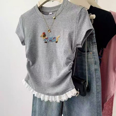 個性ストリートプリント半袖Tシャツスリムプリーツレースデザインユースエフェクト新作