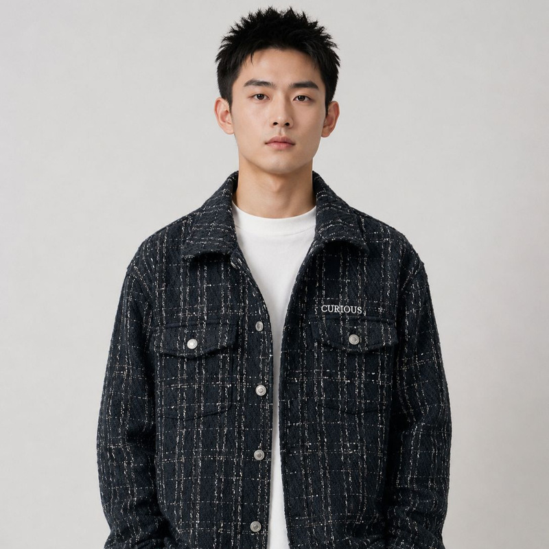 2025 Autumn Men's Tweed Long-Sleeve Outerwear Shirt Men's Plaid Chanel-Style Jacket 2025 Autumn Men's Tweed Long-Sleeve Outerwear Shirt Men's Plaid Chanel-Style Jacket