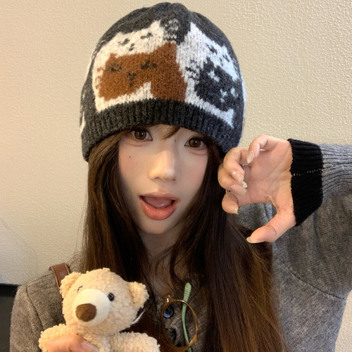 Cartoon Cat Embroidered Knitted Beanie for Girls - Autumn/Winter Fashion, Warm, Windproof, Ear Protection, Face-Smoothing Wool Hat