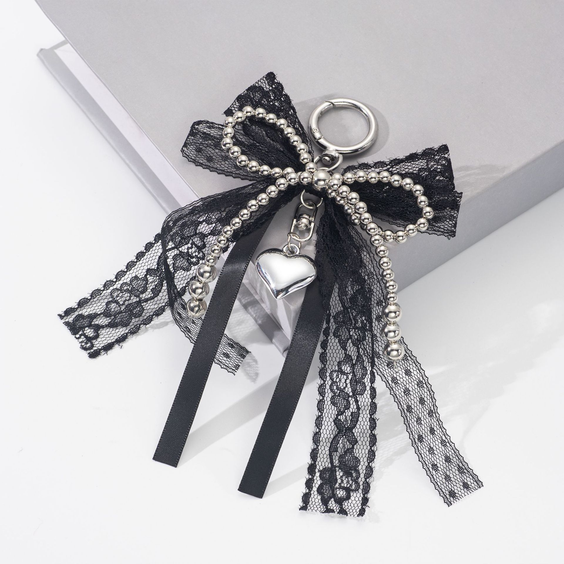 Korean-Style Super Fairy Black Lace Bow Ccb Bead String Heart Pendant Keychain Bag Sweet Cool Pendant Ins