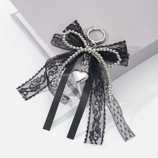 Korean-Style Super Fairy Black Lace Bow Ccb Bead String Heart Pendant Keychain Bag Sweet Cool Pendant Ins