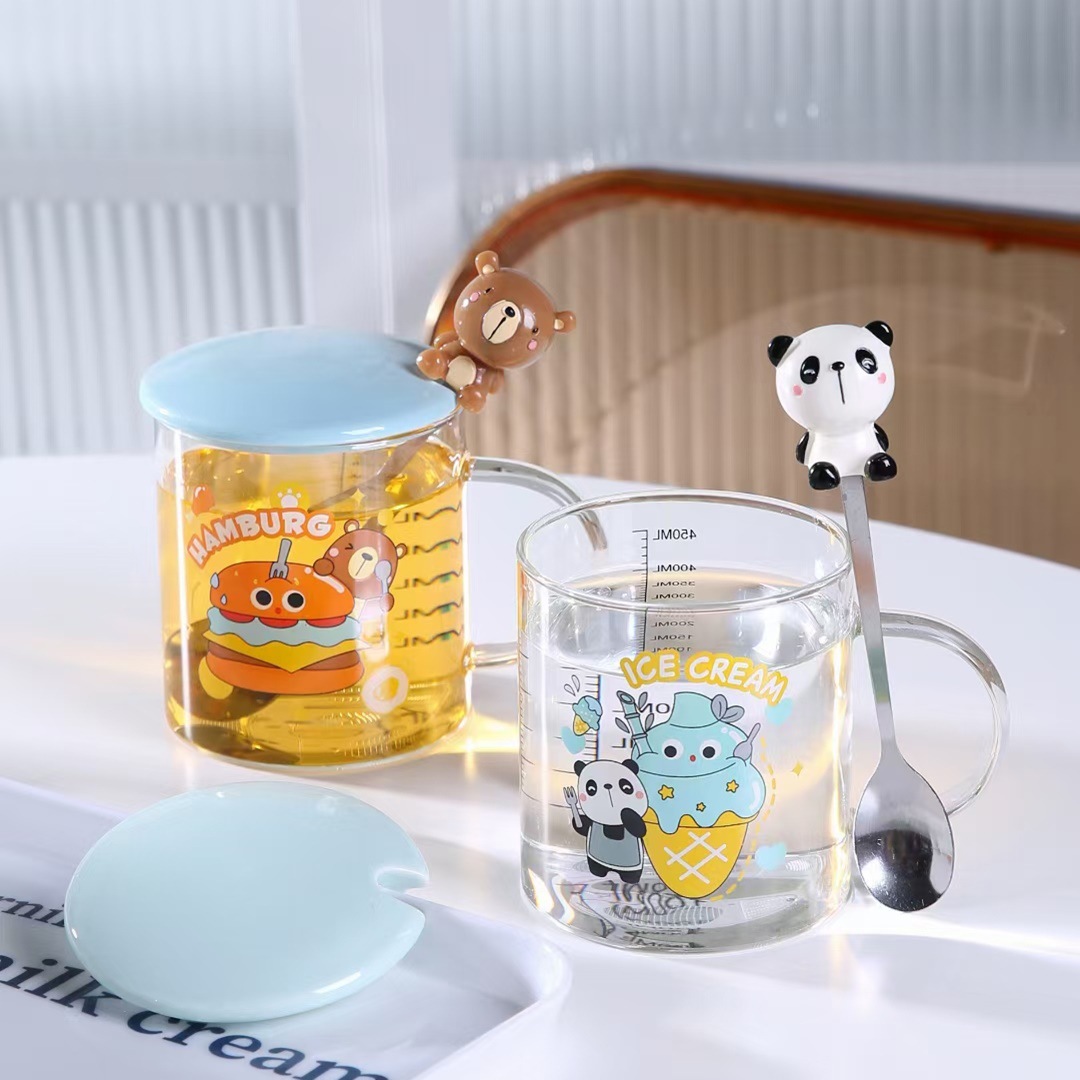 Creativo de dibujos animados tazas de animales con cubierta cuchara de oficina taza de agua con alta escala taza de vidrio de silicona personalidad