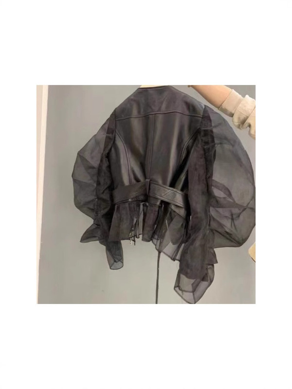 买手店专柜检漏bi入~短外套女欧根纱泡泡袖荷叶边时尚皮衣秋 大码|undefined
