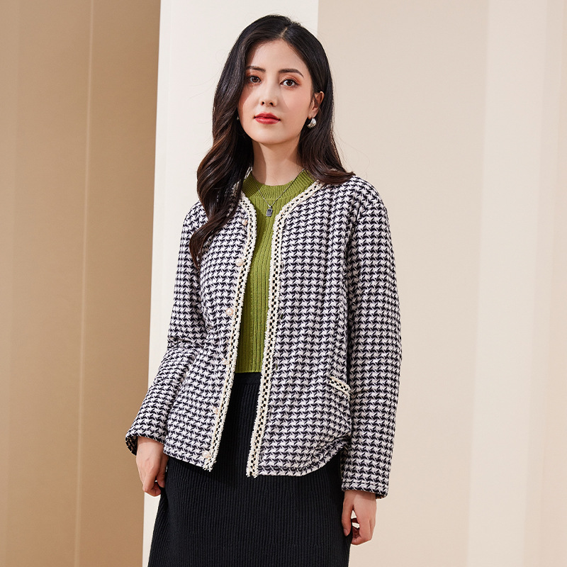 法式小香风外套冬季女士气质花棉衣蕾丝花边100%高级驼绒印花棉袄