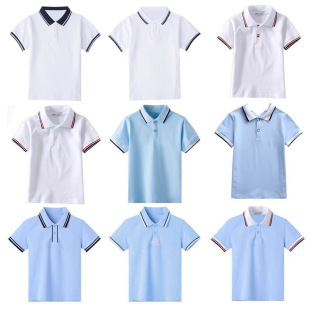 Primary and Secondary School Uniforms, High School Students' Short-Sleeved Light Blue T-Shirts, White Polo Shirts, Kindergarten Teacher Clothing
