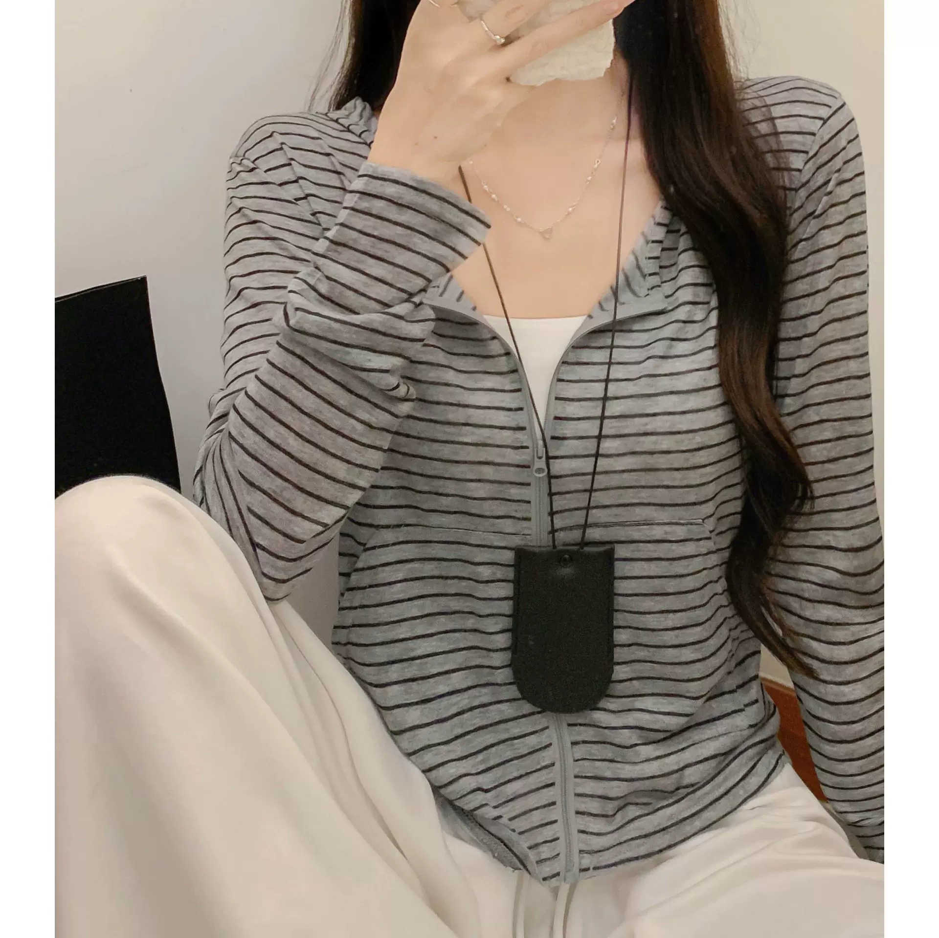 2055莱赛尔撞色条纹连帽拉链开衫长袖防晒外套女薄款百搭短款上衣