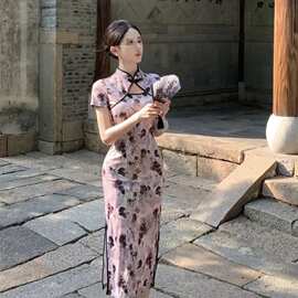 复古气质短袖碎花性感镂空开叉长裙蚀骨年轻款改良旗袍连衣裙女夏