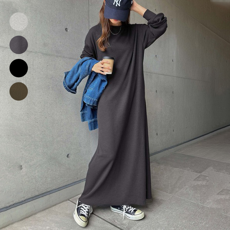 Japanese Women's Spring and Autumn Sweatshirt Dress, Simple and Elegant, Solid Color, Loose Fit, Slimming, Over-The-Knee, Long-Sleeve, Long Dress