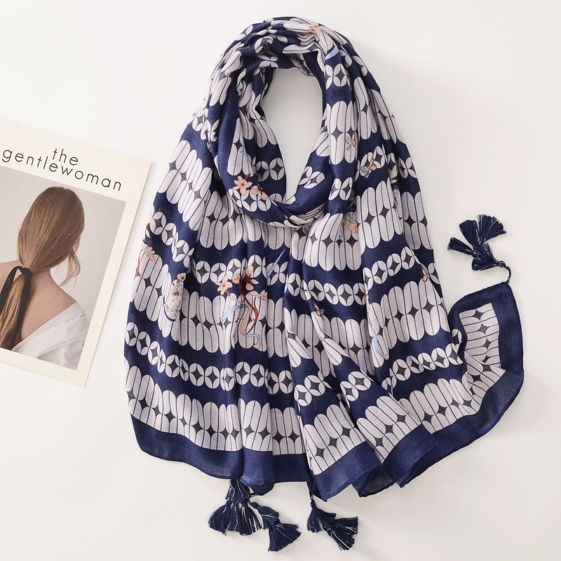 Moda europea y americana delgada suave aire acondicionado chal naranja decoración geométrica playa protector solar bufanda de algodón y lino sensación bufanda