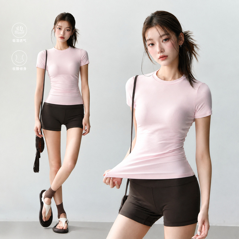 Slim-fit, quick-drying athletic short-sleeve T-shirt for women, designed to create a slimming effect, suitable for running, training, Pilates, fitness, and yoga
